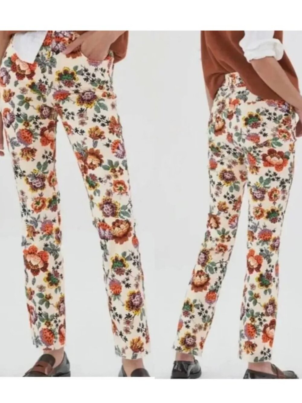 Anthropologie Pilcro Floral Print Slim Leg Pants Cream Multicolor Size 26